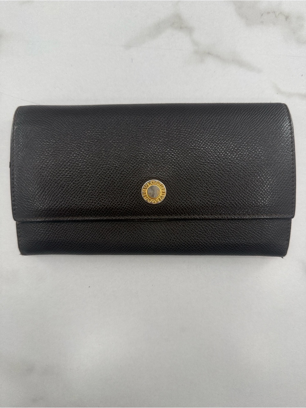BVLGARI Black Leather Clutch Wallet with Gold Logo Button